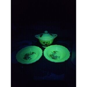 Uranium Glazed Floral Sugar Bowl With Lid And Floral Fruit Bowls